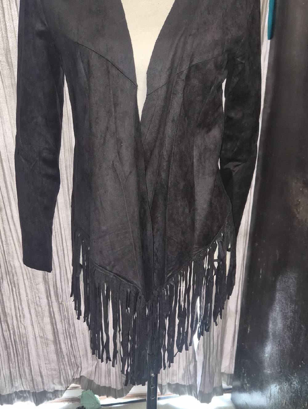 Fringed Open-Front Faux Suede Jacket - Black